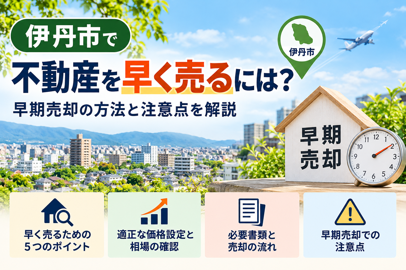 伊丹市で不動産を早く売る方法について、仲介と買取、価格設定、早期売却の注意点を解説するアイキャッチ画像